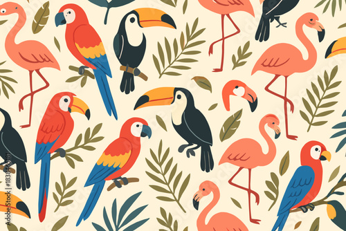 Colorful birds on leaves in a tropical setting celebrating nature and wildlife