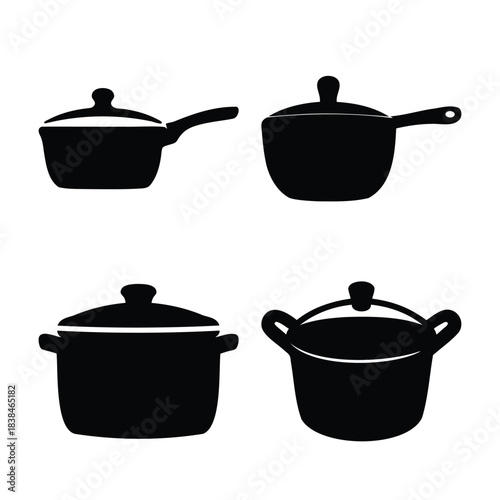 Various cooking pots and pans, kitchen utensils vector icon set