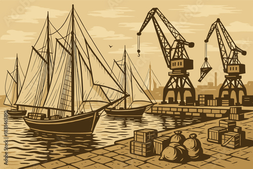 Boats and cranes at a busy port during the day with cargo being loaded onto vessels