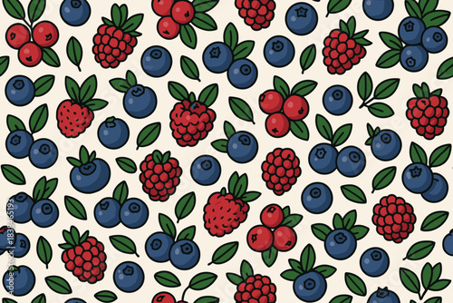 Pattern of various berries scattered on a light background showing details of each fruit and leaves in a flat style
