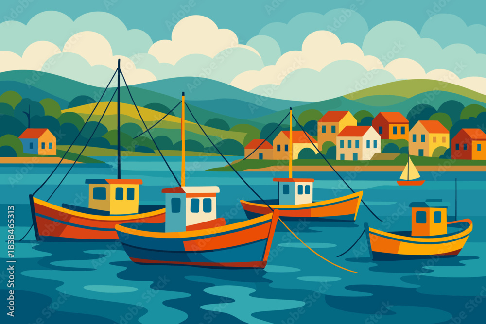 custom made wallpaper toronto digitalBoats float on water near a small town during a sunny day with clouds in the sky and greens on the hills in the background