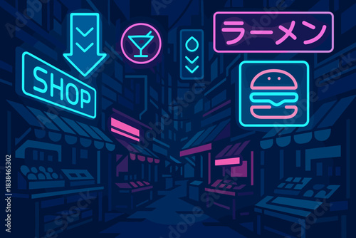 Neon signs in a busy night market featuring food and drink options
