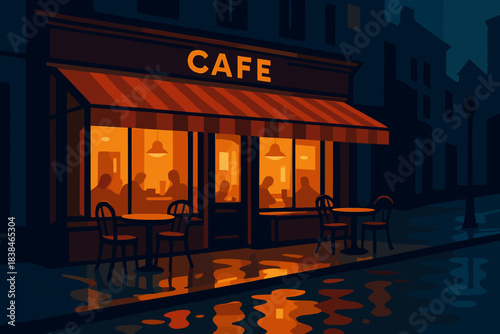 Evening scene outside a cafe with people inside enjoying food and drinks as the rain falls softly in the street