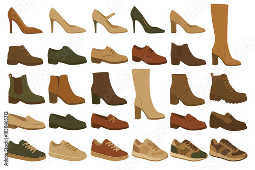 Different types of footwear displayed in various styles and colors for fashion selection