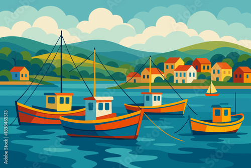 Boats float on water near a small town during a sunny day with clouds in the sky and greens on the hills in the background