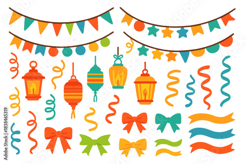 Colorful decorations and party items for festive celebration events and gatherings in various styles and shapes