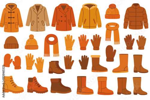 Colorful collection of winter clothing items arranged in a flat layout featuring jackets, hats, gloves, and boots