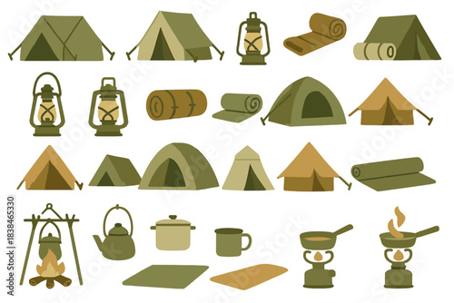 Camping gear collection showing tents, lanterns, cooking tools, and rolls in various shapes and sizes for outdoor activities
