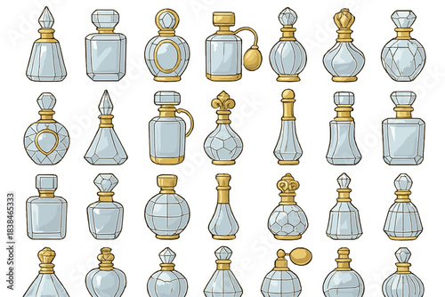 Collection of glass perfume bottles arranged in different shapes and sizes at a display on a white background