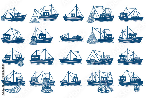 Patterns of fishing boats on water with nets and catch in various positions during daytime