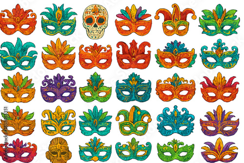 Collection of colorful masks and a skull design for a festival or party in a decorative style suitable for celebrations
