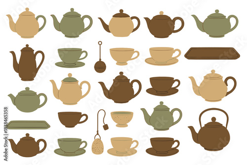 Different styles of teapots, cups, and trays arranged in a grid pattern for display or design purposes
