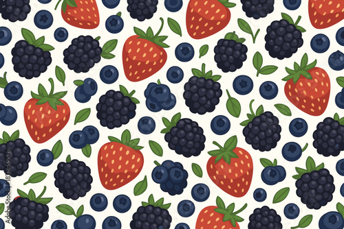 Colorful berry pattern with strawberries, blackberries, and blueberries on a light background