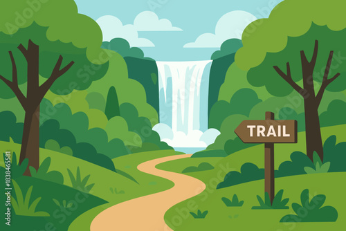 Waterfall and trail in a green landscape with trees during daytime