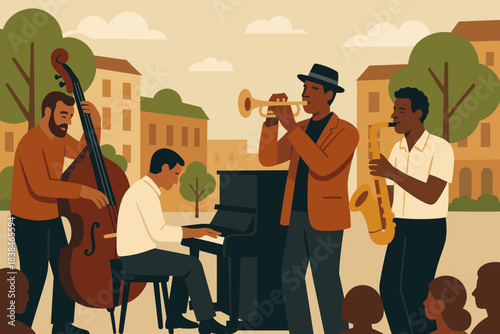 Musicians perform live jazz music in a public square during a sunny day