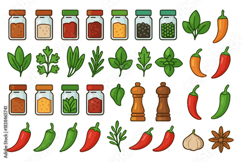 Colorful display of spices and herbs in jars arranged neatly on a white background with a variety of fresh chili peppers