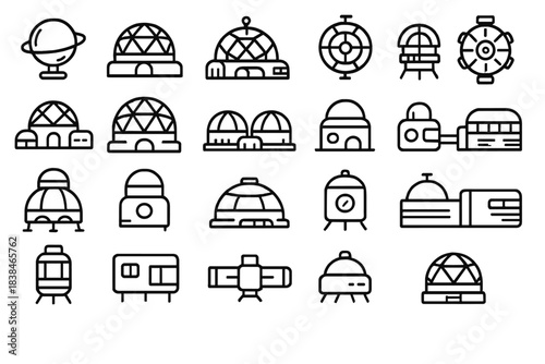 This scene displays a variety of simple line drawings representing buildings and structures