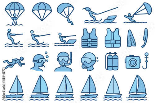 People engaging in various water sports and activities at a beach setting during the daytime under clear skies