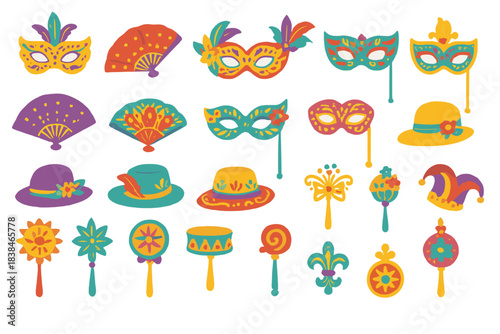 Colorful masks and accessories displayed for a festive celebration during a cultural event or carnival in an outdoor setting