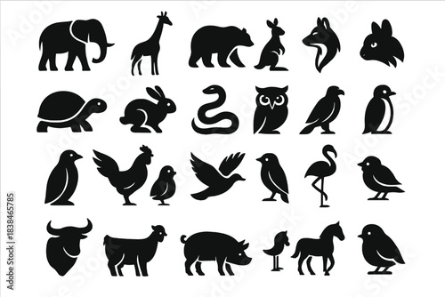 Animal silhouettes featuring various species in a simple design for educational or decorative use