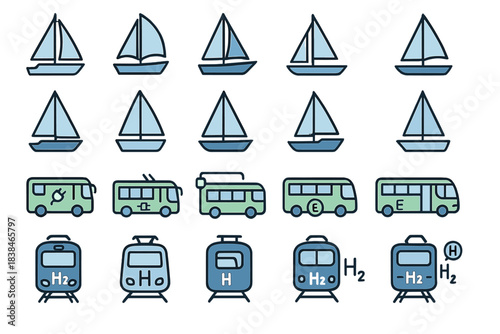 Various types of boats and public transport vehicles displayed in a simple design