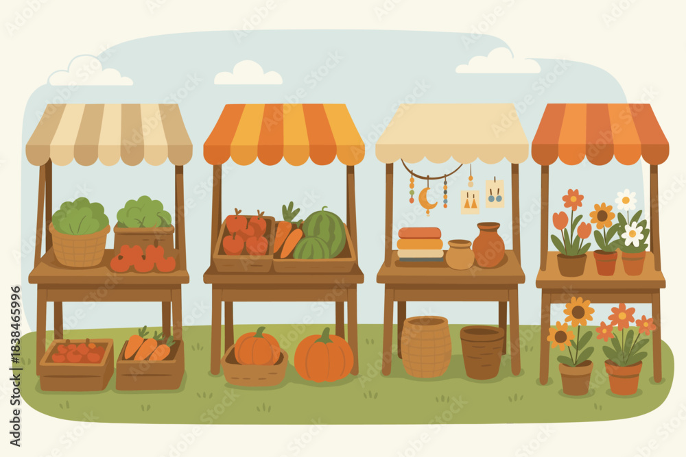 Obraz premium Market scene with stalls selling fruits, vegetables, and flowers during a sunny day in a rural setting