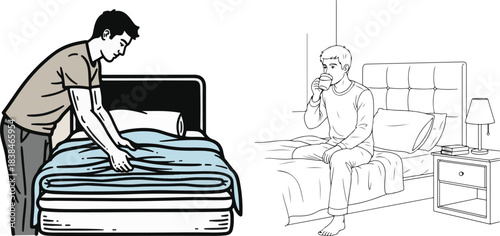 Cartoon Illustration Depicting Men's Contrasting Morning Bedroom Scenes