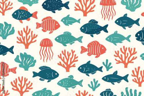 Colorful sea life with fish and corals in a patterned design for decorating or educational purposes