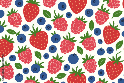 Colorful fruit pattern with strawberries, raspberries, and blueberries on a light background in a fun design