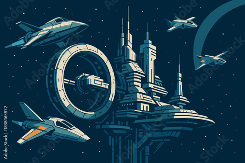 Spaceship travel near a futuristic space station in a distant galaxy with multiple crafts flying around during nighttime