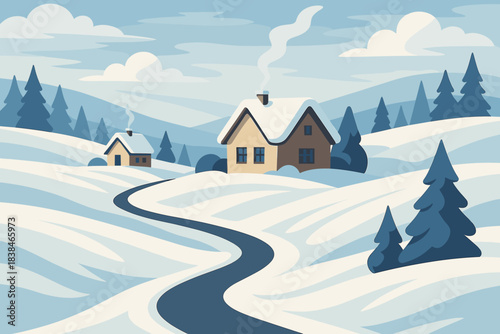 Winter scene with two houses and a winding road surrounded by trees in a snowy landscape