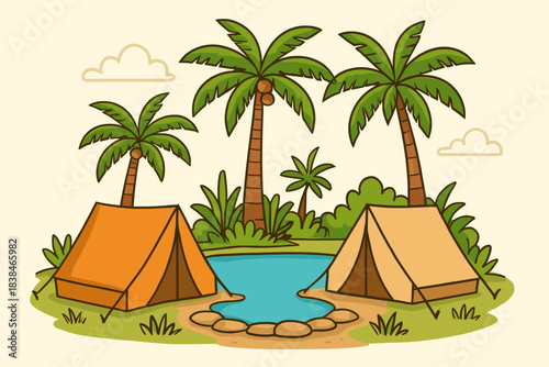 Camping site with tents near a small pond surrounded by trees and plants in a forest setting during daytime