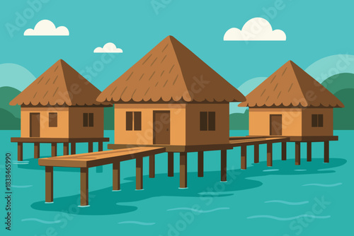 Wooden huts on stilts over water in a tropical setting with mountains and clouds