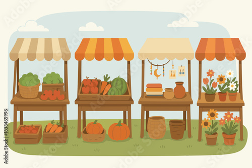 Market scene with stalls selling fruits, vegetables, and flowers during a sunny day in a rural setting