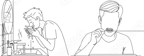 Monochrome Line Art Illustration of Male Morning Hygiene Routine
