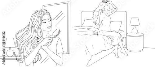 Line Art Illustration of Woman Brushing Hair in Bedroom, Self-Care Routine.