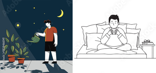 Modern Vector Illustrations Depicting Nighttime Gardening and Bedroom Relaxation