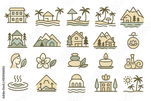 Various icons representing nature, relaxation, and homes near water with mountains and trees in the background