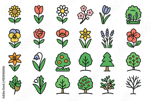 Bright flowers and plants in various shapes and colors arranged in a grid pattern showcasing nature's beauty in a simple design