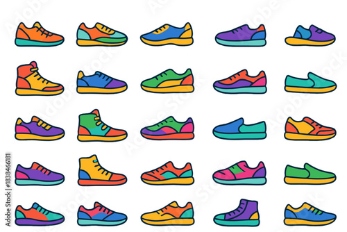 Different types of shoes in various colors and styles displayed in a neat arrangement on a white background
