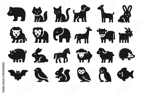 Shapes of various animals in black color on a white background for an educational purpose about wildlife