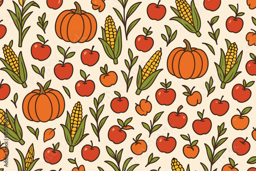 Colorful pattern of pumpkins, corn, apples, and leaves on a light background showing fall harvest themes
