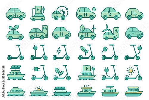 Icons show different modes of transport like cars and boats that use hydrogen, electricity and solar energy for power