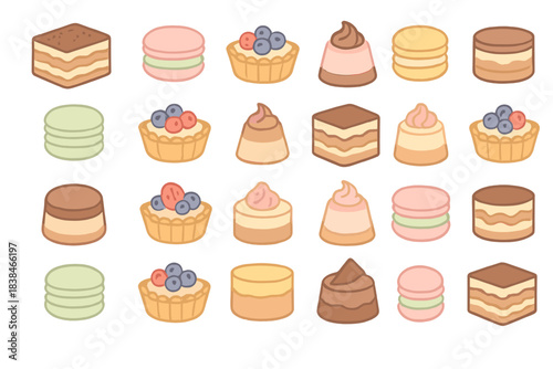 Desserts and sweet treats arranged in a grid with various types of cakes and pastries on a white background