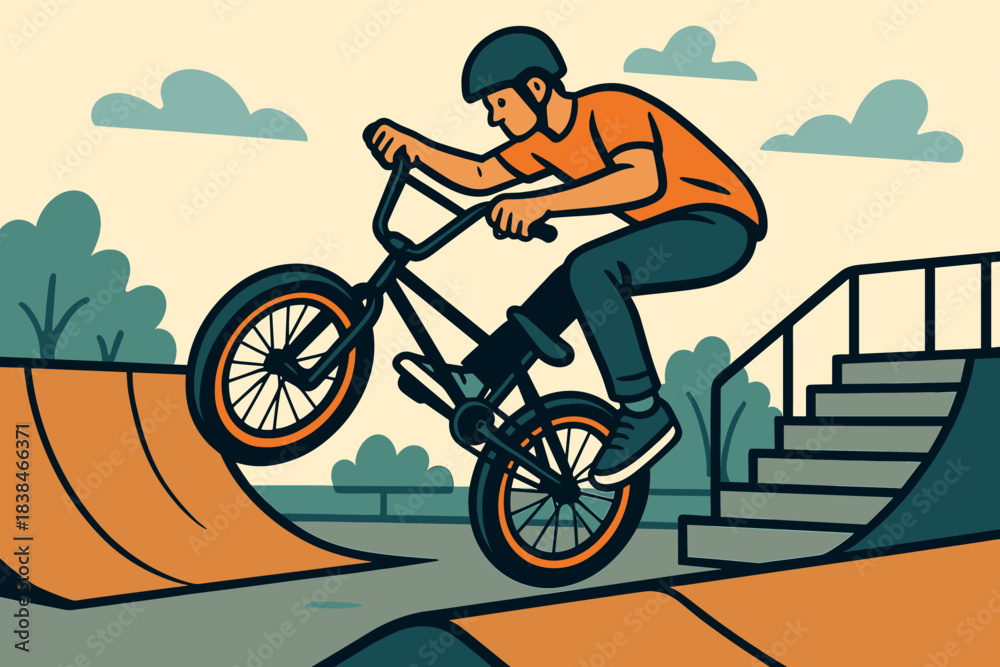 Obraz premium BMX rider performs tricks at a skate park during the afternoon with ramps and stairs in the background