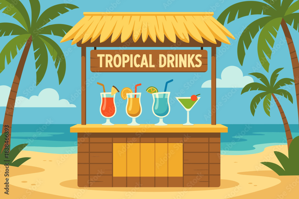 Obraz premium Tropical drink stand on a beach with colorful beverages and palm trees in the background