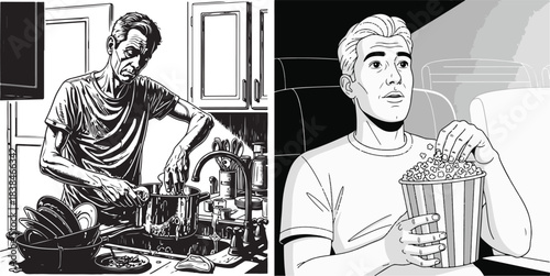 Monochromatic Vector Illustration Contrasting Chores and Entertainment in Two Panels