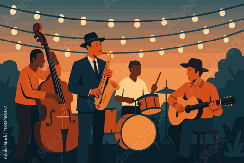 Musicians perform at outdoor event during sunset with string lights in the background and audience enjoying the music