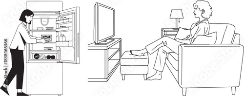 Monochrome Illustration of Women's Daily Routines and Leisure at Home