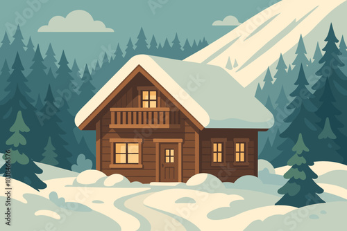 Cozy cabin in a snowy forest surrounded by tall trees and mountains during winter season